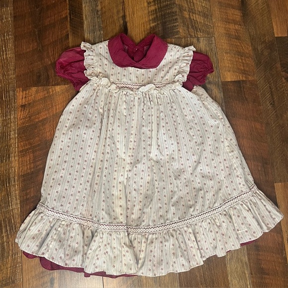 VTG Jayne Copeland Dress & Pinafore Puff Sleeves Girl’s 5/6 Dk Red Ivory Prairie - Picture 1 of 5